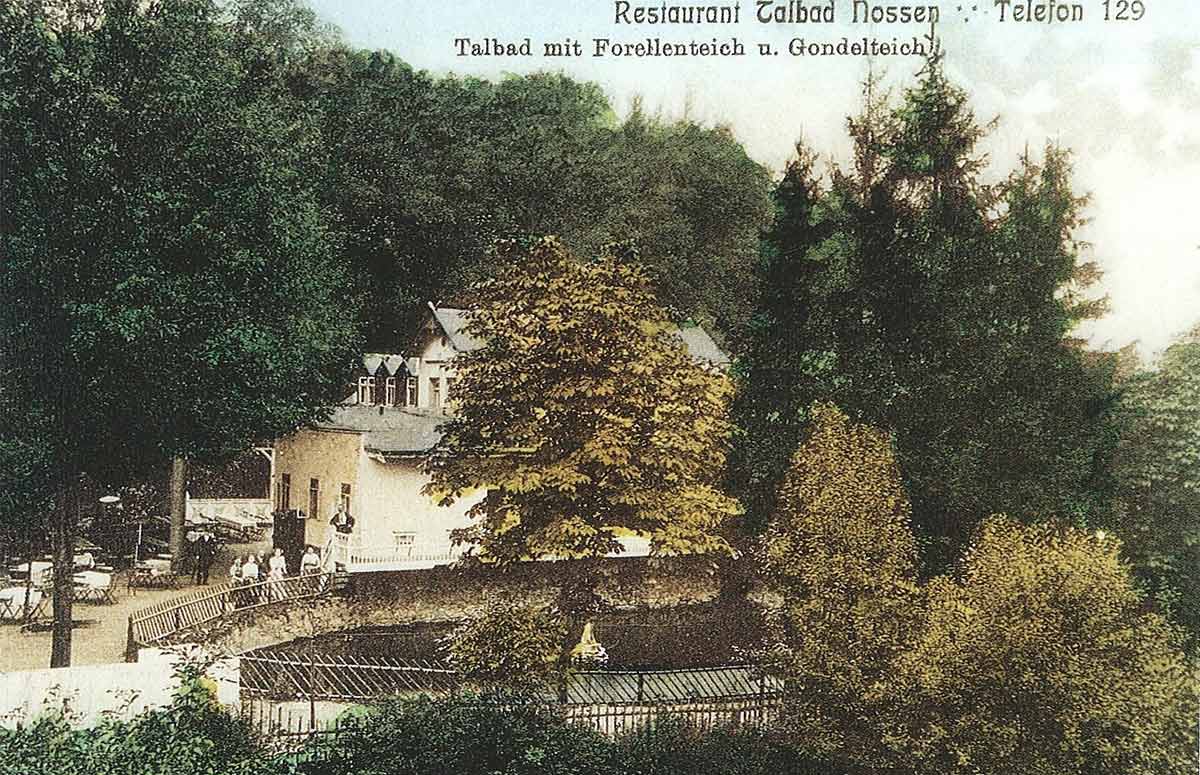 Restaurant Talbad Nossen – Talbad mit Forellenteich und Gondelteich, alte Postkarte